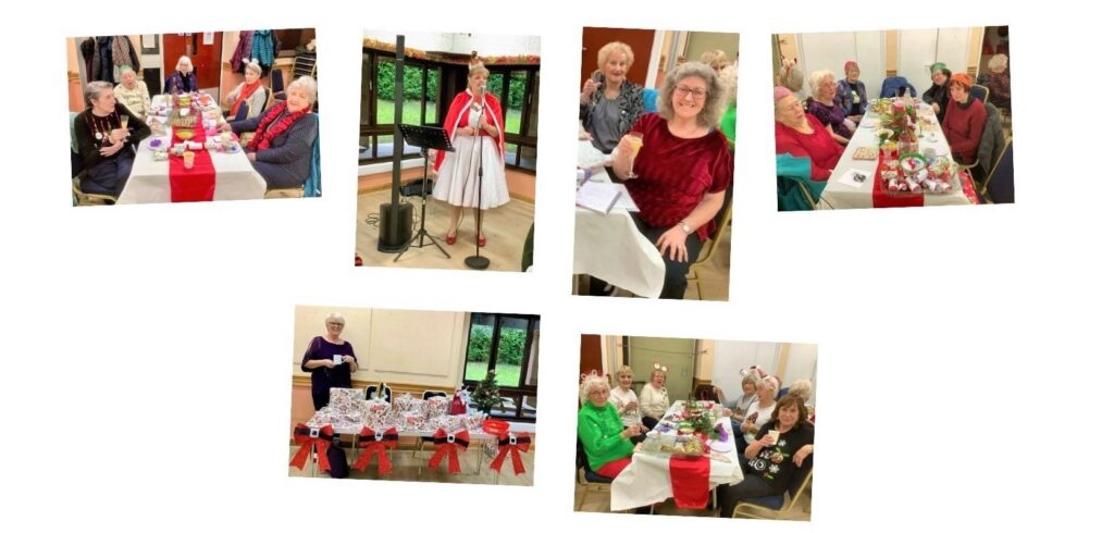 Collage of small images of the Christmas meeting including the singer, members sitting down to eat at decorated tables, members dancing, and cutting of a cake.